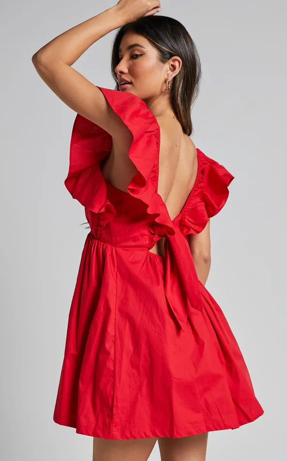 Showpo Raiza Mini Dress 8211 Ruffle Sleeve Tie Back Plunge Dress In Red Women Curve Clothes