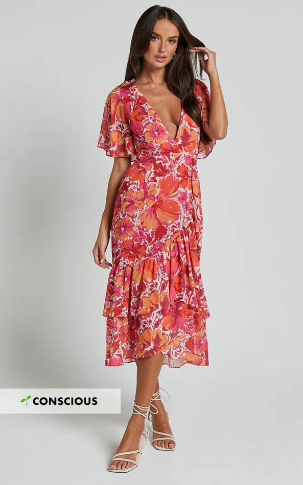 Showpo Ramela Midi Dress 8211 V Neck Short Flutter Sleeve Frill Detail Wrap Dress In Paradise Floral Women Dresses Showpo Ramela Midi Dress 8211 V Neck Short Flutter Sleeve Frill Detail Wrap Dress In Paradise Floral Women Dresses