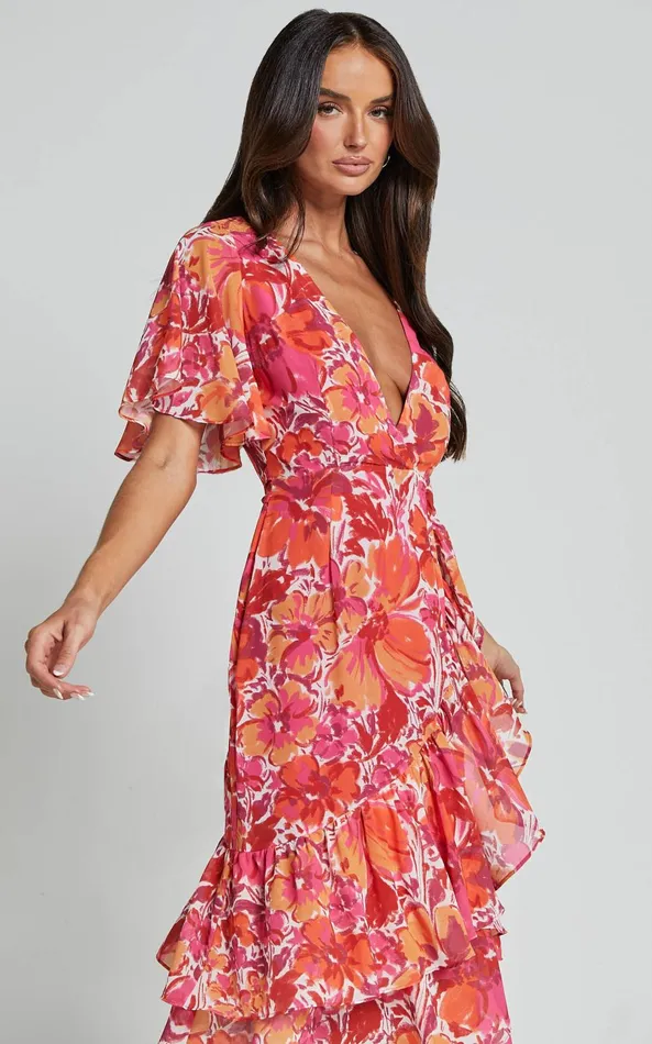 Showpo Ramela Midi Dress 8211 V Neck Short Flutter Sleeve Frill Detail Wrap Dress In Paradise Floral Women Dresses