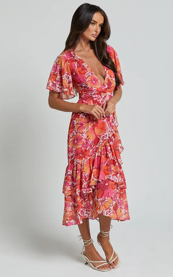 Showpo Ramela Midi Dress 8211 V Neck Short Flutter Sleeve Frill Detail Wrap Dress In Paradise Floral Women Dresses
