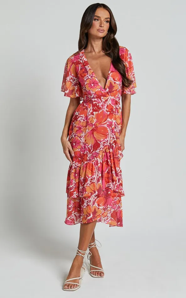 Showpo Ramela Midi Dress 8211 V Neck Short Flutter Sleeve Frill Detail Wrap Dress In Paradise Floral Women Dresses