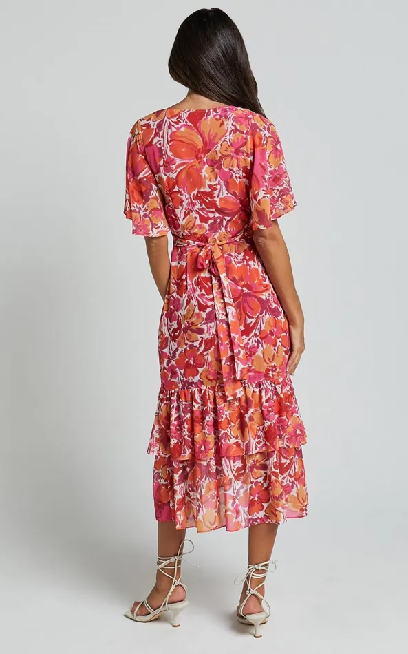 Showpo Ramela Midi Dress 8211 V Neck Short Flutter Sleeve Frill Detail Wrap Dress In Paradise Floral Women Dresses