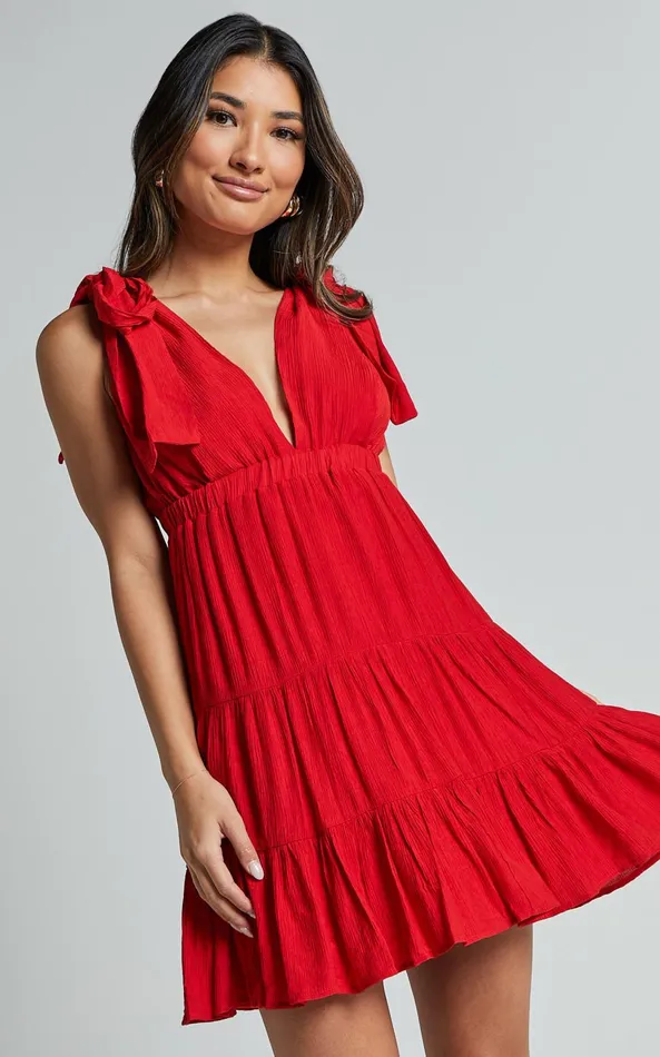 Showpo Ramira Mini Dress 8211 Tie Shoulder Plunge Elastic Waist Tiered In Red Women Dresses Showpo Ramira Mini Dress 8211 Tie Shoulder Plunge Elastic Waist Tiered In Red Women Dresses