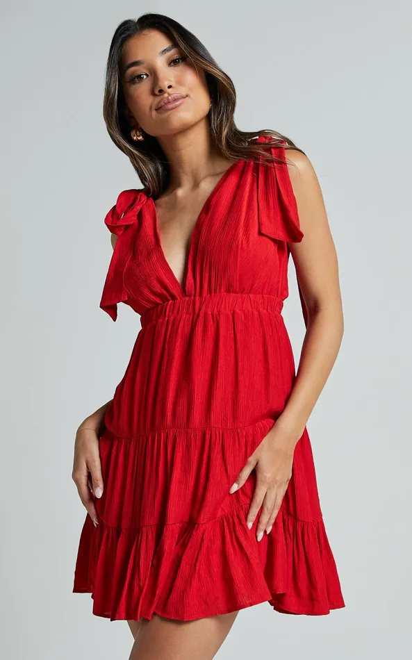Showpo Ramira Mini Dress 8211 Tie Shoulder Plunge Elastic Waist Tiered In Red Women Dresses