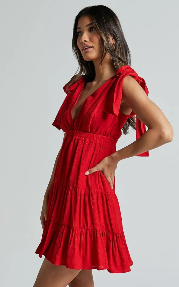 Showpo Ramira Mini Dress 8211 Tie Shoulder Plunge Elastic Waist Tiered In Red Women Dresses