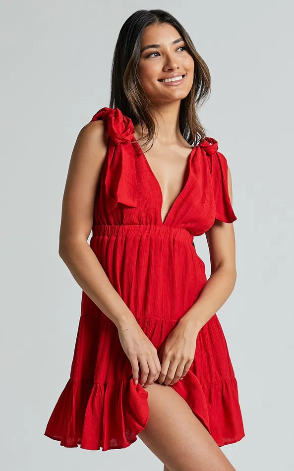 Showpo Ramira Mini Dress 8211 Tie Shoulder Plunge Elastic Waist Tiered In Red Women Dresses
