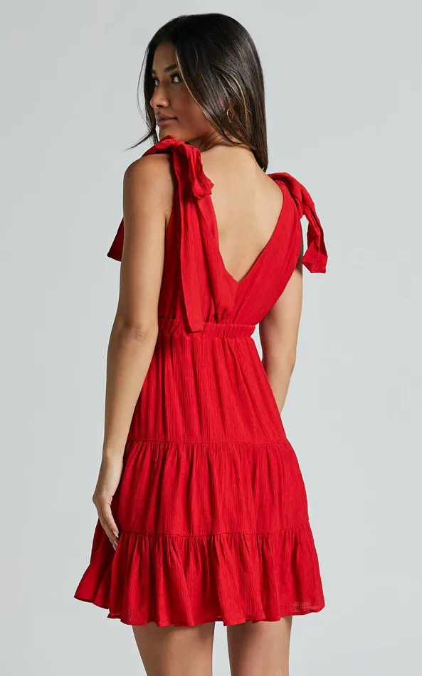 Showpo Ramira Mini Dress 8211 Tie Shoulder Plunge Elastic Waist Tiered In Red Women Dresses