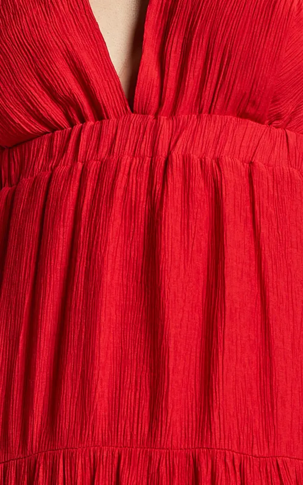 Showpo Ramira Mini Dress 8211 Tie Shoulder Plunge Elastic Waist Tiered In Red Women Dresses