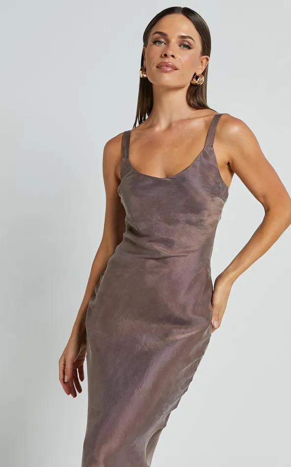 Showpo Ramirez Midi Dress 8211 Wide Strap Cupro Bias Cut Dress In Chocolate Women Dresses