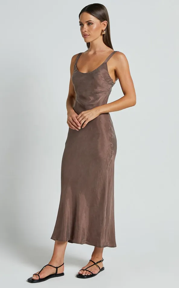 Showpo Ramirez Midi Dress 8211 Wide Strap Cupro Bias Cut Dress In Chocolate Women Dresses