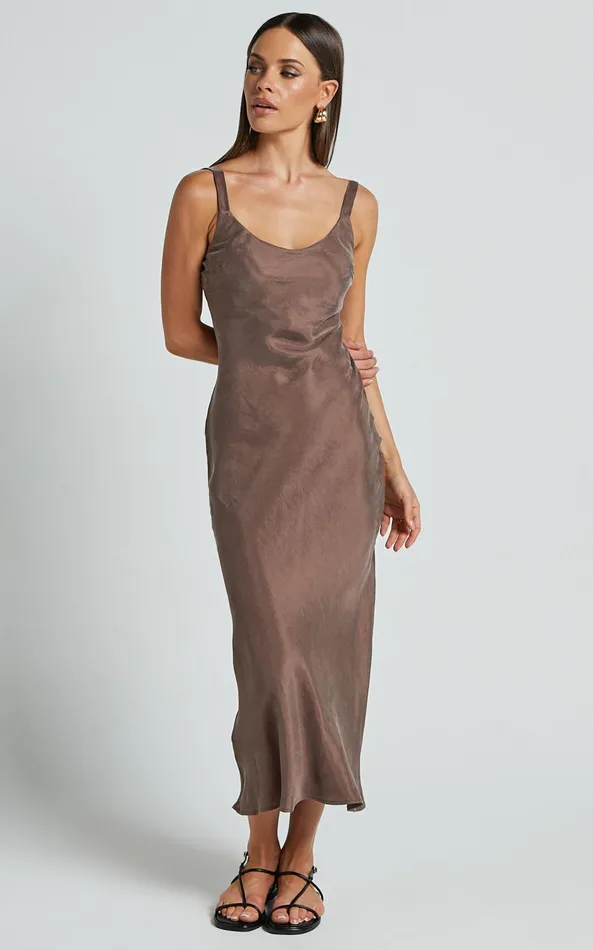 Showpo Ramirez Midi Dress 8211 Wide Strap Cupro Bias Cut Dress In Chocolate Women Dresses