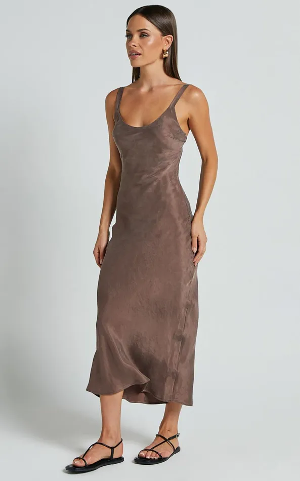 Showpo Ramirez Midi Dress 8211 Wide Strap Cupro Bias Cut Dress In Chocolate Women Dresses