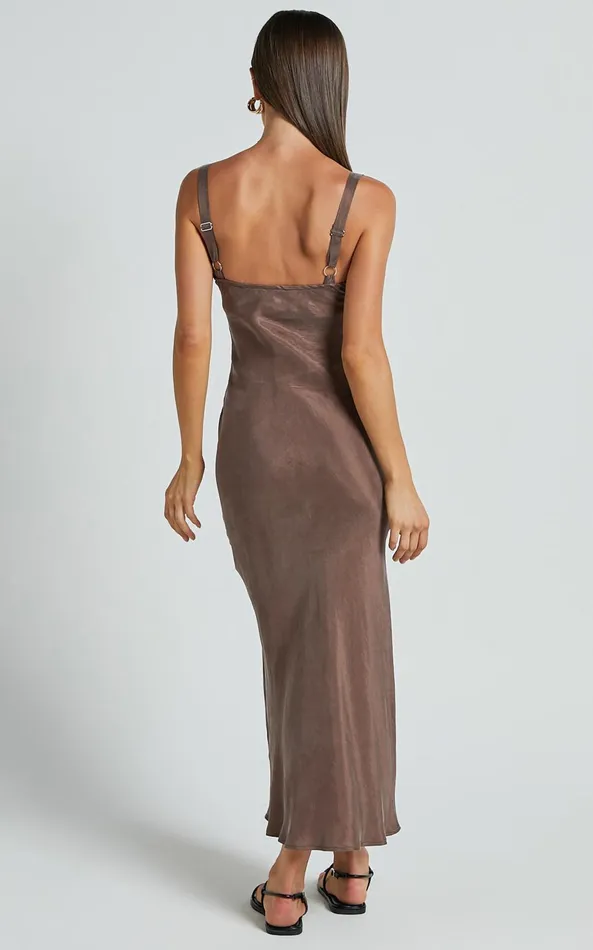 Showpo Ramirez Midi Dress 8211 Wide Strap Cupro Bias Cut Dress In Chocolate Women Dresses