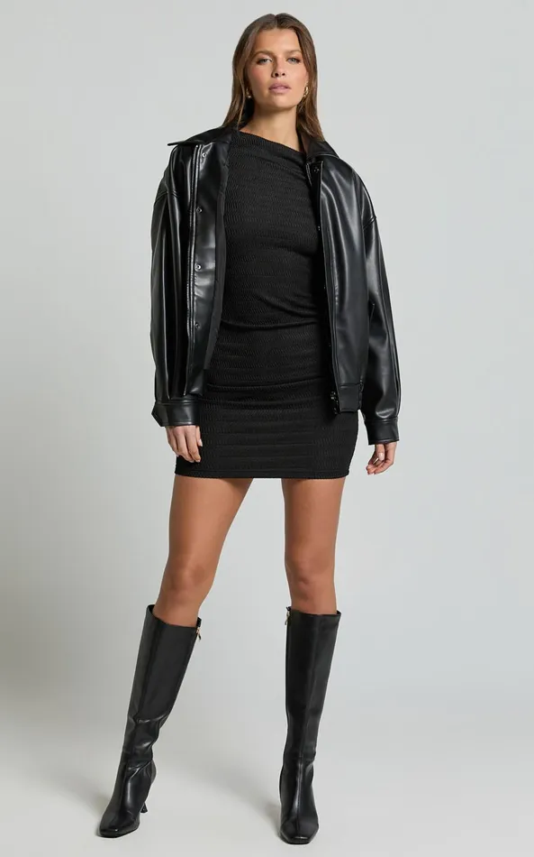 Showpo Raquel Mini Dress 8211 One Shoulder Long Sleeve Ruched Dress In Black Women Curve Clothes