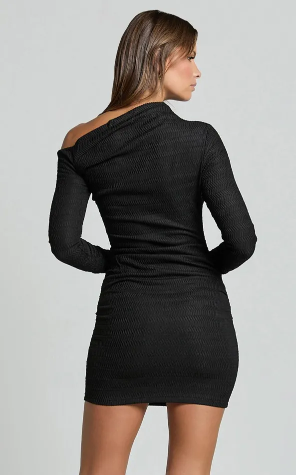Showpo Raquel Mini Dress 8211 One Shoulder Long Sleeve Ruched Dress In Black Women Curve Clothes