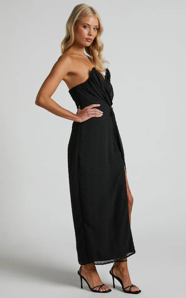 Showpo Raquella Midi Dress 8211 Twist Front Thigh Split Strapless Dress In Black Women Dresses
