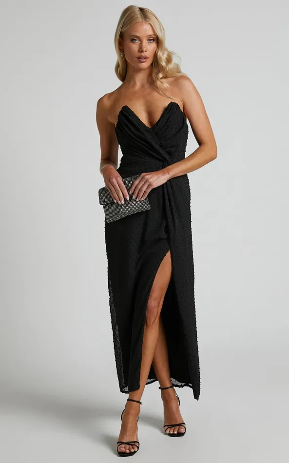 Showpo Raquella Midi Dress 8211 Twist Front Thigh Split Strapless Dress In Black Women Dresses