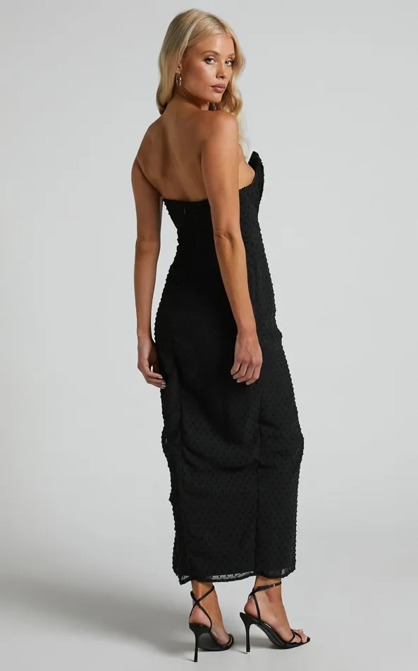 Showpo Raquella Midi Dress 8211 Twist Front Thigh Split Strapless Dress In Black Women Dresses