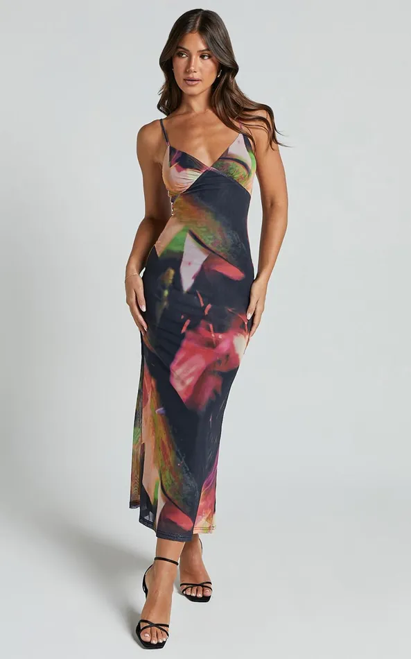 Showpo Rashida Midi Dress 8211 V Neck Mesh Printed Dress In Floral Blur Women Dresses Showpo Rashida Midi Dress 8211 V Neck Mesh Printed Dress In Floral Blur Women Dresses
