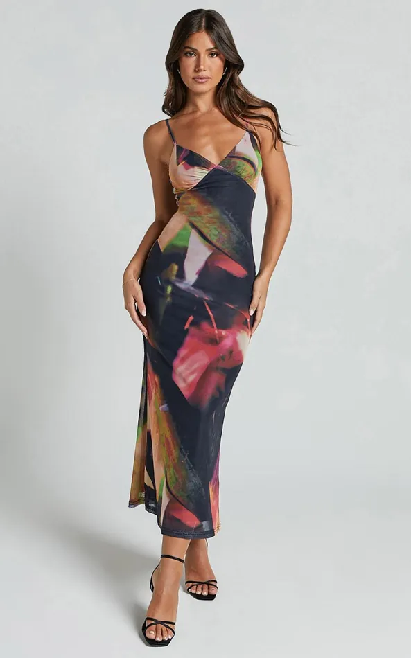 Showpo Rashida Midi Dress 8211 V Neck Mesh Printed Dress In Floral Blur Women Dresses