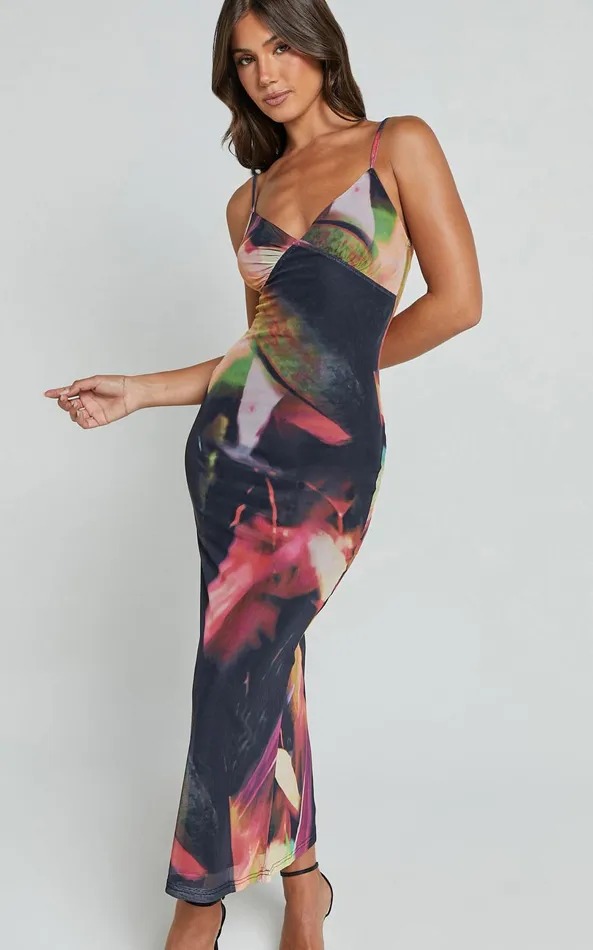Showpo Rashida Midi Dress 8211 V Neck Mesh Printed Dress In Floral Blur Women Dresses