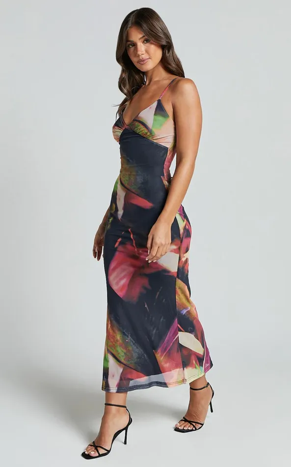 Showpo Rashida Midi Dress 8211 V Neck Mesh Printed Dress In Floral Blur Women Dresses