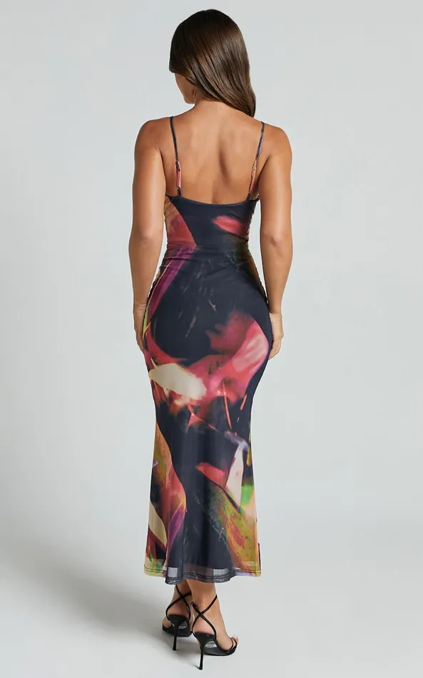 Showpo Rashida Midi Dress 8211 V Neck Mesh Printed Dress In Floral Blur Women Dresses