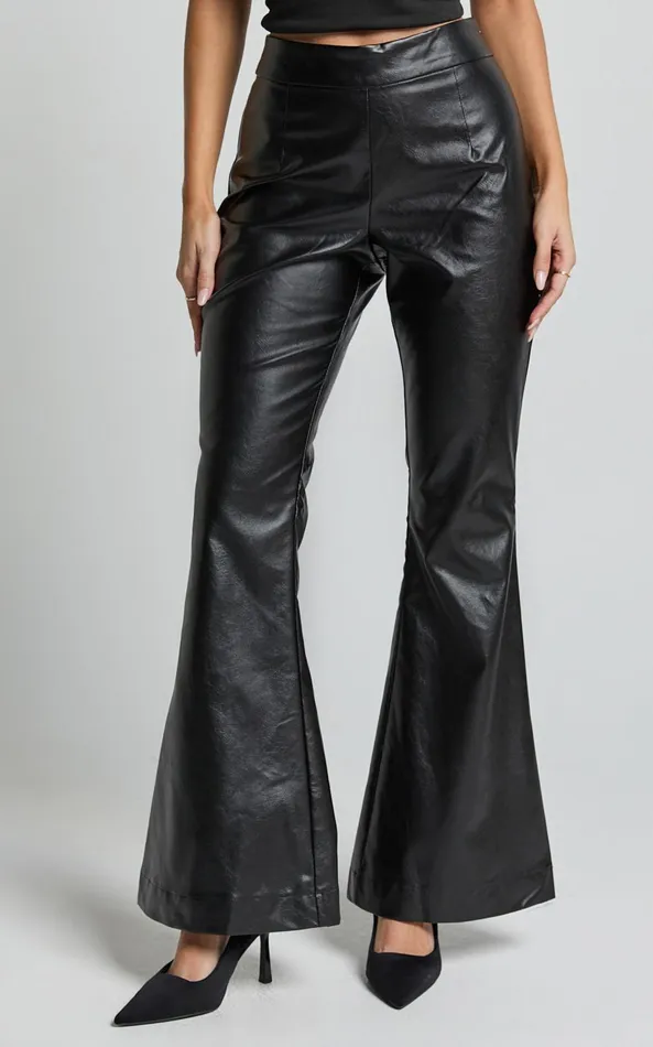 Showpo Ravina Pants 8211 High Waist Faux Leather Flare Pants In Black Women Pants