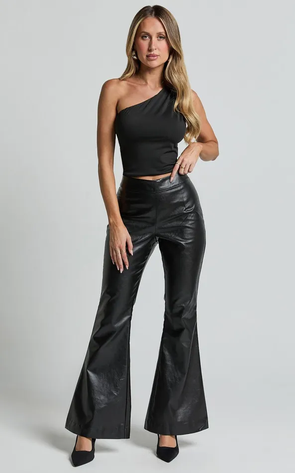 Showpo Ravina Pants 8211 High Waist Faux Leather Flare Pants In Black Women Pants