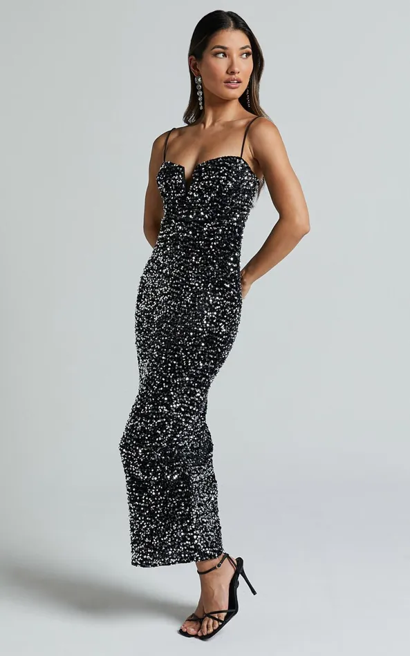 Showpo Rayner Midi Dress 8211 V Bar Sequin Bodycon Dress In Black And Silver Women Dresses