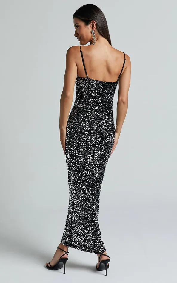 Showpo Rayner Midi Dress 8211 V Bar Sequin Bodycon Dress In Black And Silver Women Dresses