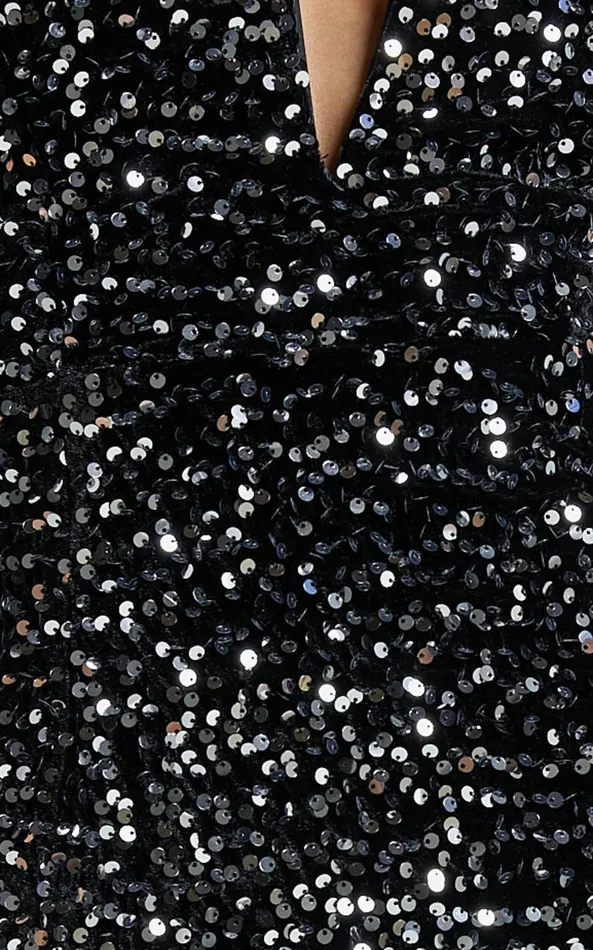 Showpo Rayner Midi Dress 8211 V Bar Sequin Bodycon Dress In Black And Silver Women Dresses