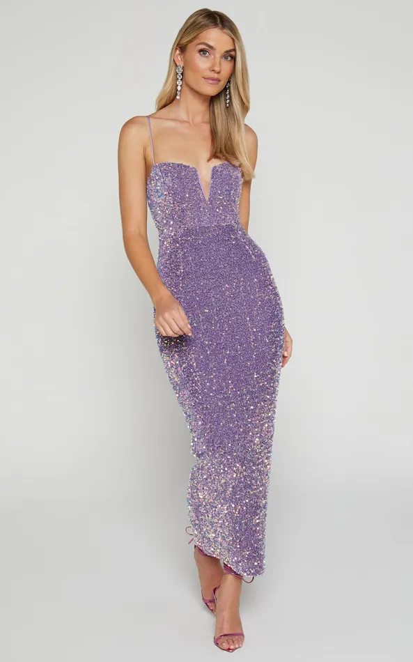 Showpo Rayner Midi Dress 8211 V Bar Sequin Bodycon Dress In Lilac Women Dresses