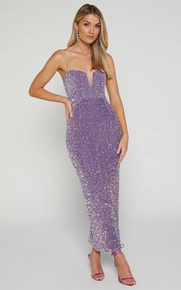 Showpo Rayner Midi Dress 8211 V Bar Sequin Bodycon Dress In Lilac Women Dresses
