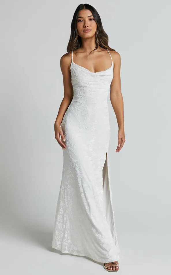 Showpo Reese Maxi Dress 8211 Cowl Cross Back Burnout Dress In White Women Dresses