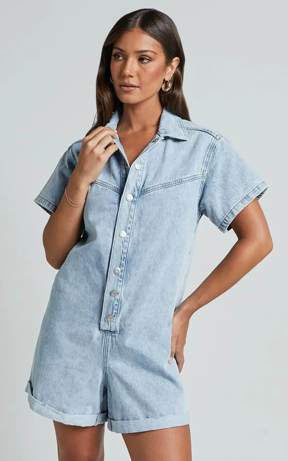Showpo Reid Playsuit 8211 Button Through Denim Playsuit In Light Blue Wash Women Shop Conscious