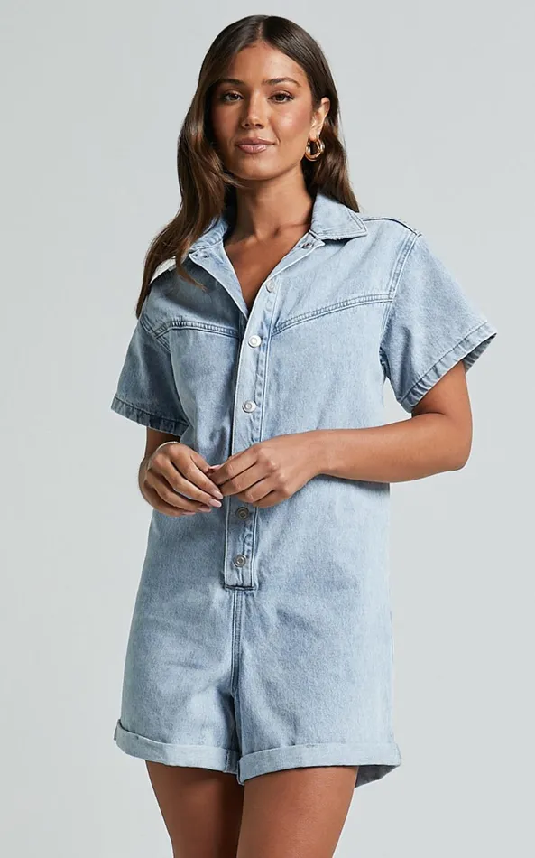 Showpo Reid Playsuit 8211 Button Through Denim Playsuit In Light Blue Wash Women Shop Conscious