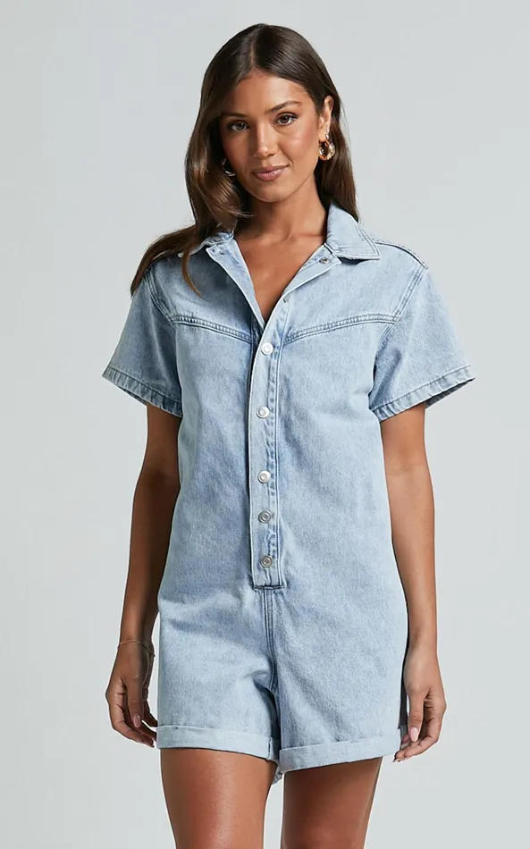 Showpo Reid Playsuit 8211 Button Through Denim Playsuit In Light Blue Wash Women Shop Conscious