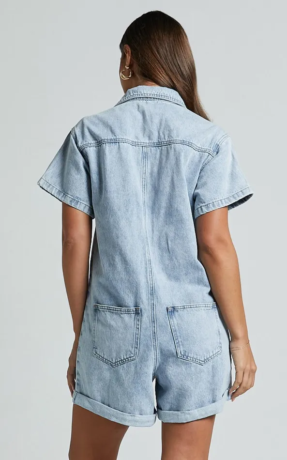 Showpo Reid Playsuit 8211 Button Through Denim Playsuit In Light Blue Wash Women Shop Conscious