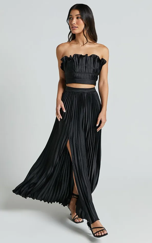 Showpo Reign Two Piece Set 8211 Ruffle Crop Top And Thigh Split Midi Skirt In Black Women Two Piece Sets and Coords Showpo Reign Two Piece Set 8211 Ruffle Crop Top And Thigh Split Midi Skirt In Black Women Two Piece Sets and Coords