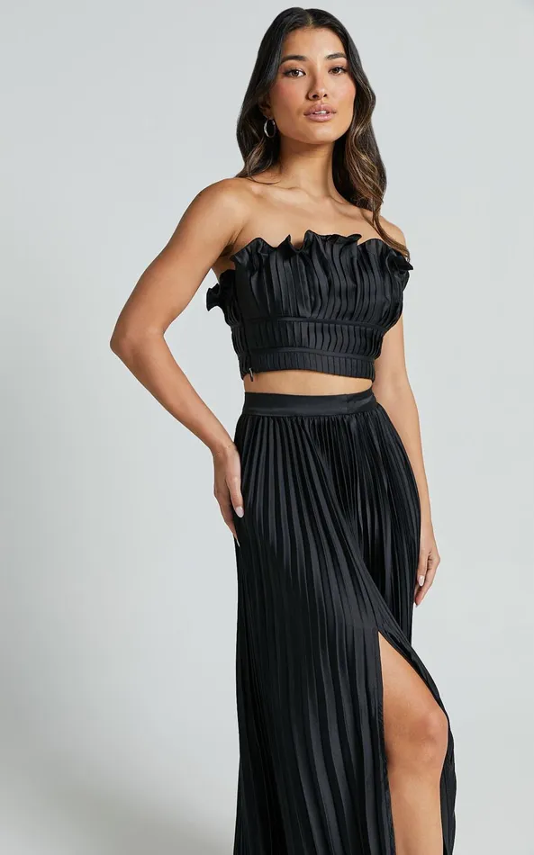 Showpo Reign Two Piece Set 8211 Ruffle Crop Top And Thigh Split Midi Skirt In Black Women Two Piece Sets and Coords