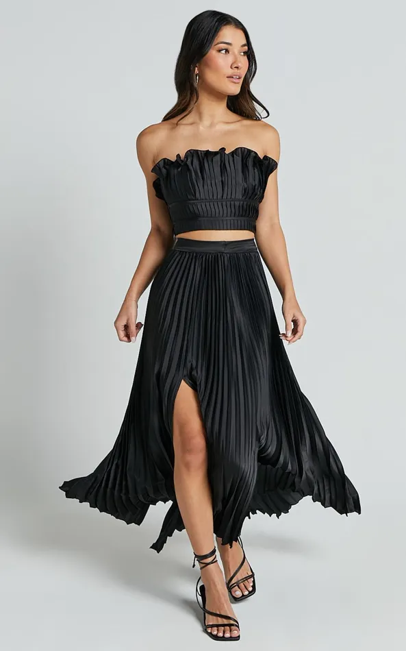 Showpo Reign Two Piece Set 8211 Ruffle Crop Top And Thigh Split Midi Skirt In Black Women Two Piece Sets and Coords