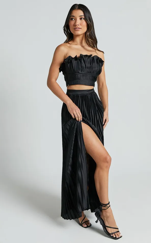 Showpo Reign Two Piece Set 8211 Ruffle Crop Top And Thigh Split Midi Skirt In Black Women Two Piece Sets and Coords