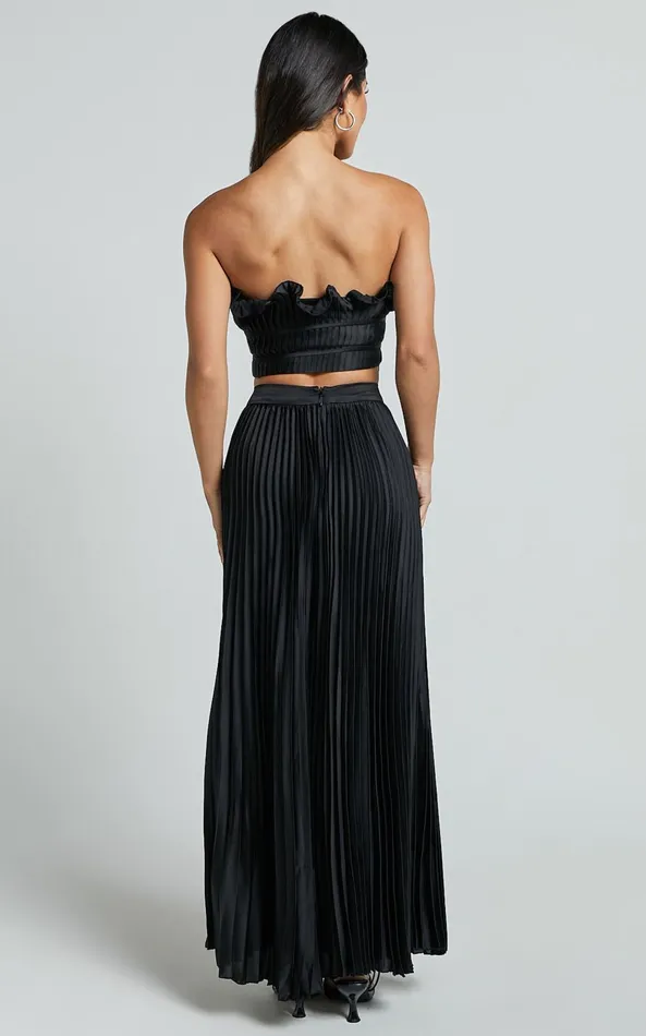 Showpo Reign Two Piece Set 8211 Ruffle Crop Top And Thigh Split Midi Skirt In Black Women Two Piece Sets and Coords