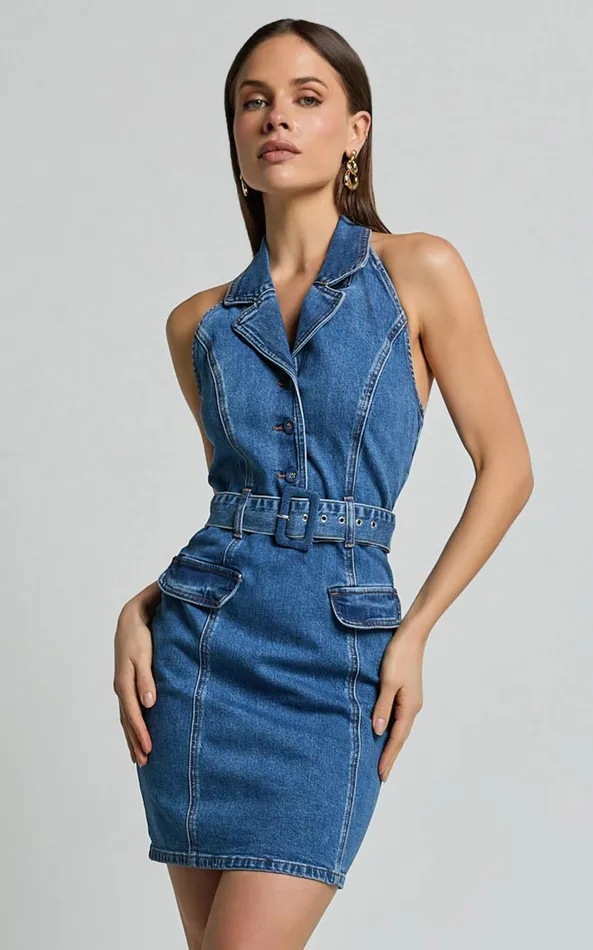 Showpo Remi Mini Dress 8211 Halter Belt Denim Dress In Dark Blue Wash Women Dresses Showpo Remi Mini Dress 8211 Halter Belt Denim Dress In Dark Blue Wash Women Dresses