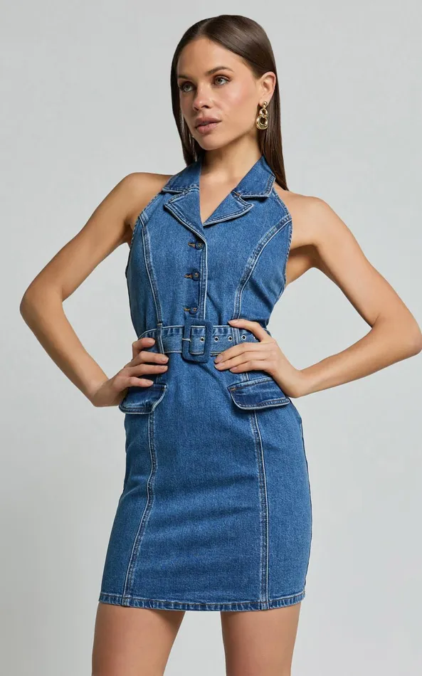 Showpo Remi Mini Dress 8211 Halter Belt Denim Dress In Dark Blue Wash Women Dresses