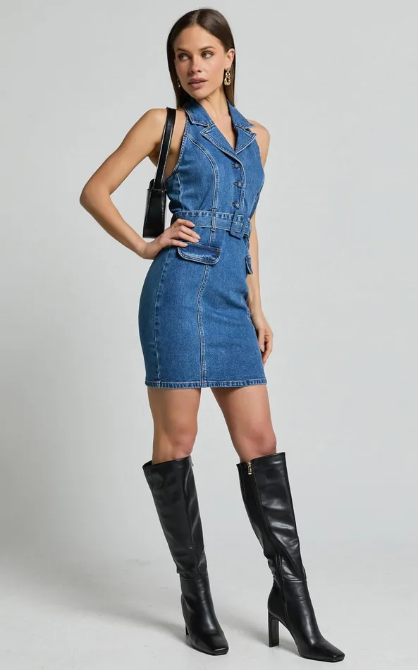 Showpo Remi Mini Dress 8211 Halter Belt Denim Dress In Dark Blue Wash Women Dresses