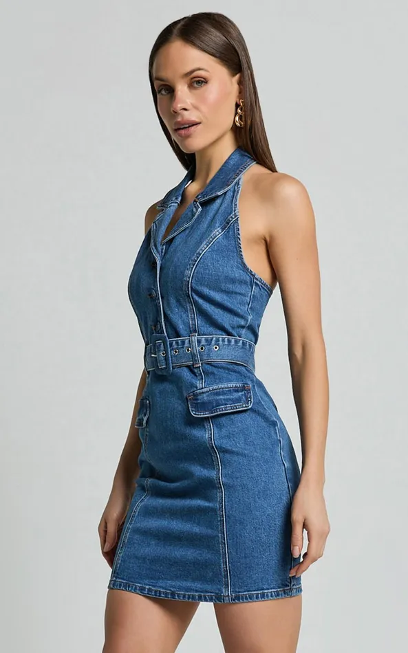 Showpo Remi Mini Dress 8211 Halter Belt Denim Dress In Dark Blue Wash Women Dresses