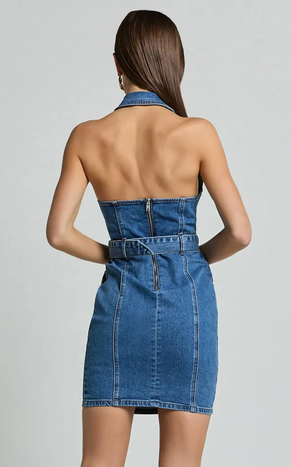 Showpo Remi Mini Dress 8211 Halter Belt Denim Dress In Dark Blue Wash Women Dresses