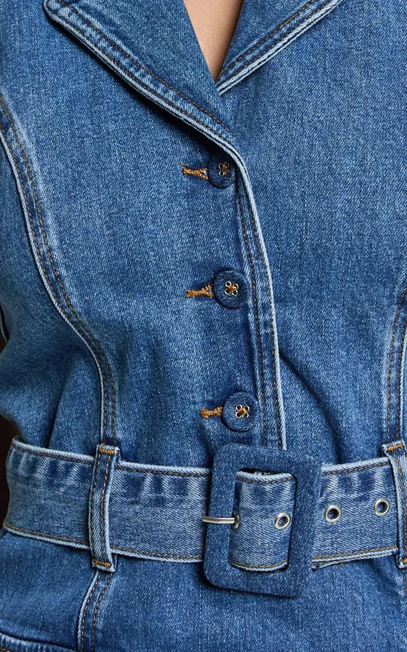 Showpo Remi Mini Dress 8211 Halter Belt Denim Dress In Dark Blue Wash Women Dresses